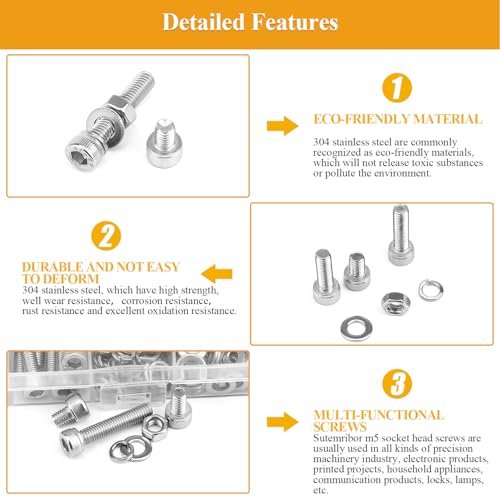 205 Pieces M5 Screws Nuts Washers Set, Sutemribor M5 x 8/10/12/16/20/25/30mm Hex Socket Head Cap Screws Nuts Washers Assortment Kit, 304 Stainless Steel, Fully Threaded - size: M5 Screws Kit, style: Socket Head