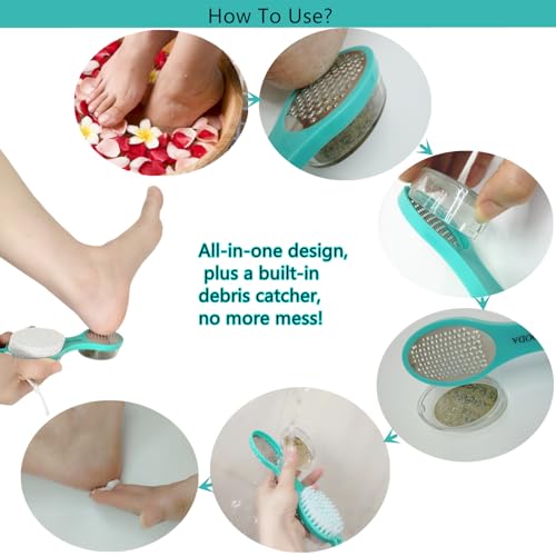Foot File Callus Remover 5-in-1, 2 Pcs Feet Scraper Pedicure Tools with Pumice Stone, Scrubber Brush, Stainless Steel Foot Rasp and Sand Paper Debris Catcher, Multi Purpose, Cyan - color: Cyan Cyan