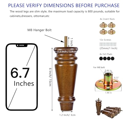 Maricome Wood Furniture Legs 6 inch Replacement Feet Set of 4 Pre-drilled M8 Bolt Ottoman Chair Cabinet Dresser Wooden Legs Mid Century Screw in - color: 6 Inch Walnut