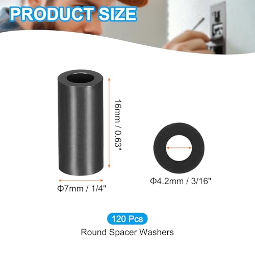 PATIKIL 120Pcs ABS Spacers 4mm ID, 7mm OD, 16mm Height Plastic Round Stud Spacer Black Nylon Washers Nut Unthreaded Rubber for M4 Screws Bolts Barrel - size: 4mm ID, 7mm OD, 16mm Height