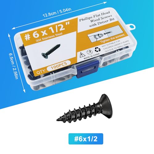 100PCS #6 x 1/2" Black Wood Screws, Flat Head Stainless Steel Sheet Metal Screws, Fast Self Tapping Screws for Deck Drywall Concrete Screws with Screwdriver Bit - style: Black #6X1/2" Flat Head 100PCS