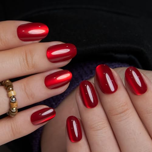 CurvLife Short Oval Cat Eye Press On Nails, Ruby Luxe Red, Soft Gel - color: C6 - Ruby Luxe