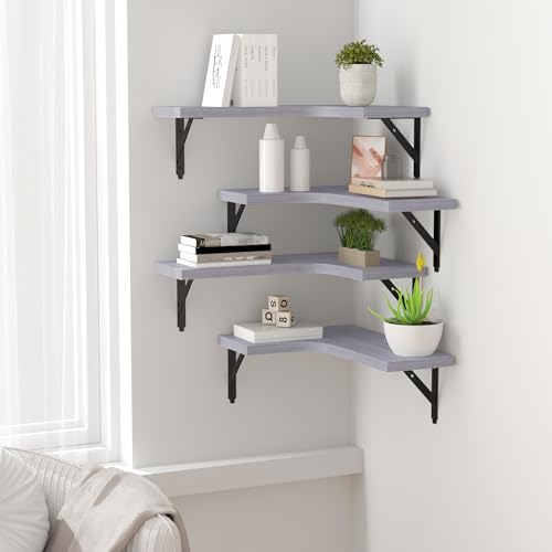ROMGUAR CRAFT Corner Floating Shelves Wall Mounted Set of 4, Light Grey - color: Light Grey