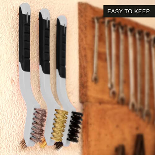 Lavaxon Wire Brush Set 3Pcs - Nylon/Brass/Stainless Steel Bristles with Curved Handle Grip for Rust, Dirt & Paint Scrubbing with Deep Cleaning – 7 Inches (Grey) - color: Gray