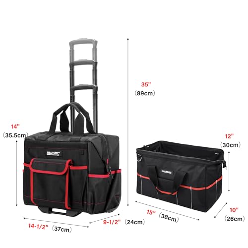 HAUTMEC 2-Piece Rolling Tool Bag Set, 15" Wheeled Tool Bag & Wide Mouth Tool Tote, Heavy-Duty Tool Storage Organizer with Durable Off-Road Wheel, Steel Telescoping Handle & Shoulder Strap – HT0288 - style: 2-Pcs Set | Black