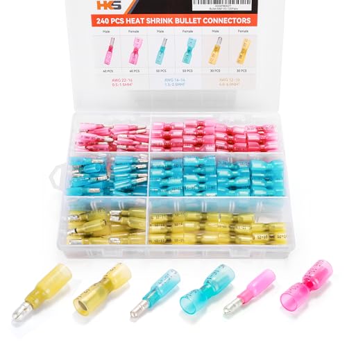HKS 240PCS/120 Pairs Heat Shrink Bullet Connectors Kit – 22-10 AWG Male & Female Wire Terminals – Tinned Copper Crimp Connectors – Insulated Waterproof – for Automotive, Marine & Electrical Wiring - size: 10-22 AWG, style: Male&Female Bullet-240 pcs