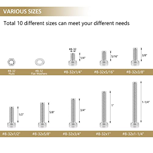 202 Pieces #8-32 x 1/4", 5/16", 3/8", 1/2", 5/8", 3/4", 1", 1-1/4", Hex Socket Head Cap Screws Nuts Washers Assortment Kit, 304 Stainless Steel, Fully Machine Thread - size: #8-32, style: Socket Head