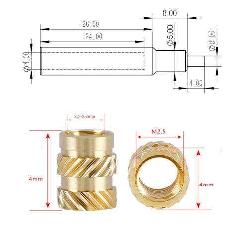 Threaded Inserts with M2-M8 Heat Set Insert Tools,Brass Metric Knurled Nuts for 3D Printing Components and Plastic Parts (M2.5x4x4-100Pcs) - size: M2.5xL4xD4-100Pcs