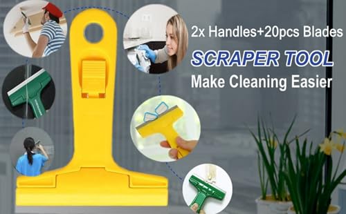 2pack Razor Blade Scraper, Industry Glass Window Scraper, Heavy Duty Cleaning Scraping Hand Tool with 20pcs Blades for Putty Residue Stains Paints Glue Mud Wallpaper Removing Remover Cleaner (Yellow) - color: Yellow