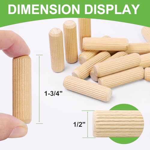 1/2" x 1-3/4" Wooden Dowel Pins, FoDau770 Fluted Wood Dowel Rods, Natural Beech Wood Dowel Pegs for Crafts, Woodworking, DIY Furniture - 200 Pieces - size: 1/2" x 1-3/4"