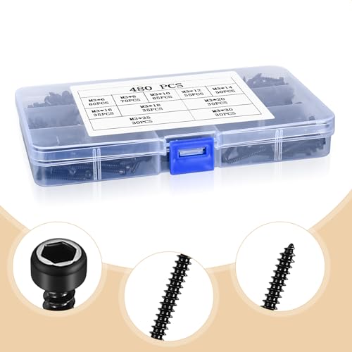 Metric Hex Socket Cap Head Self Tapping Screws, 480pcs M3 Stainless Steel Socket Head Cap Wood Screws Assortment Kit, Hex Drive Head Cap Self Drilling Screws(480 Black) - color: 480 Black