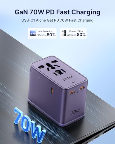 VINTAR Universal Travel Adapter 70W GaN, 5-in-1 with 3USB-C PD & 1USB-A QC - color: 70W Purple