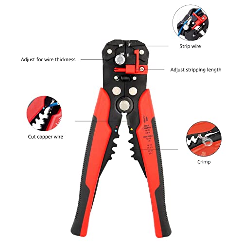 Amazon Basics Self-Adjusting Wire Stripper and Crimping Tool, Strips 10-24 AWG, Black/Red