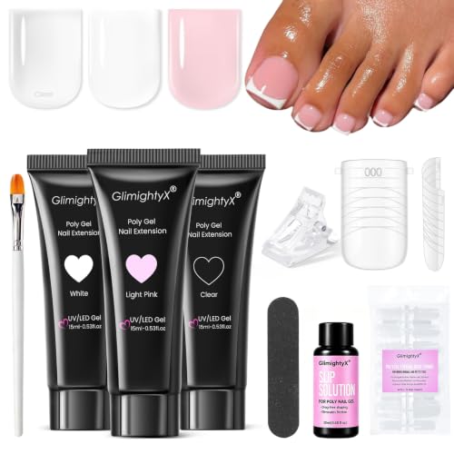 GlimightyX Polygel Toenail Kit, Clear White Pink with Toe Dual Nail Forms - color: 01-3 Colors Basic Polygel Toenail Kit