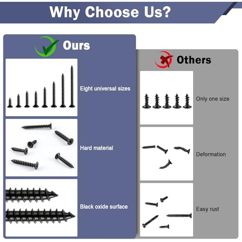 250Pcs Wood Screws Assortment Kit, #6#8 Black Screws, Cross Recessed Flat Head, Wood Screws, Assorted Screws, Screw Set (2", 1-1/2", 1-1/4", 1", 3/4", 5/8", 1/2")