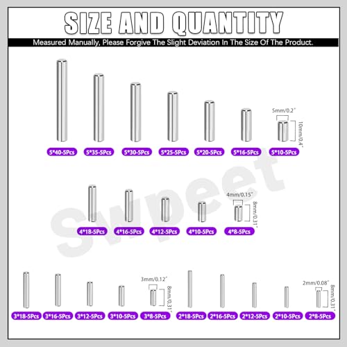 Swpeet 110Pcs 304 Stainless Steel M2/M3/M4/M5 Dowel Pins Assortment Kit - Metric Cylindrical Pins for Shelf Support, Furniture Assembly & Industrial Maintenance ( Includes Storage Box) - size: M2