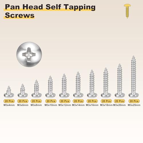 METALLIXITY Phillips Pan Head Self Tapping Screw M3 200Pcs - color: Silver tone, size: M3x4,6,8,10,12,14,16,18,20,25mm