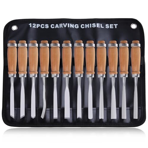 12 Pieces Wood Chisel Set Wood Carving Tools Set with Storage Bag for Woodworking, Carbon Steel Chisel with Wood Handle, 7.9" Wood Working Tools and Accessories Wood Carving Chisels Kit