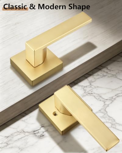 Probrico Passage Gold Closet Door Handles, 6 Pack Interior Non-Locking Square Zinc Alloy Lever, Reversible for Right & Left Side - color: Brushed Gold