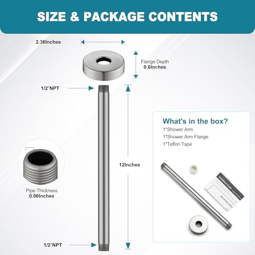 BRIGHT SHOWERS Shower Arm with Flange for Rainfall Shower Head, 12 Inch Ceiling Mount Straight Arm, Replacement Extension Pipe, Heavy-Duty Stainless Steel, Rust-Resistant, 1/2" NPT, Brushed Nickel - color: Brushed Nickel, style: 12 Inch