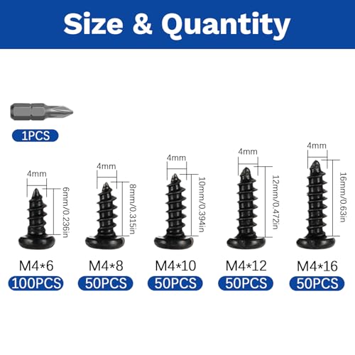 300Pcs M4x6/8/10/12/16 Self-Tapping Wood Screws Assortment Kit, Phillips Pan Head, Black Carbon Steel, 5 Sizes, for Wood Plastic and Soft Metal - size: M4x6/8/10/12/16-300Pcs