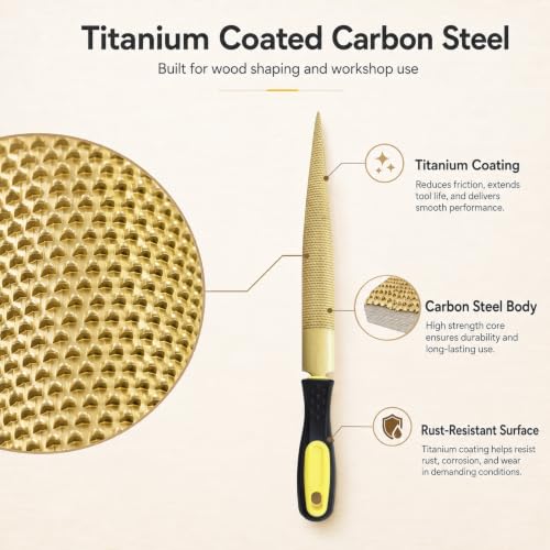 5 PCS High Carbon Steel Golden Wood Rasp, Double Sided Tapered and Half Round Rasp File, 4"-6"-8"-10" for Woodworking/Carving/Sharping with Rubber Handle