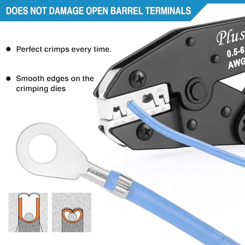 Plustool Crimping Tool for Non-Insulated Open Barrel Terminals & Receptacles AWG 20-10, Ratcheting Wire Crimper Tool - Crimping Pliers - Electrical Crimping Tool