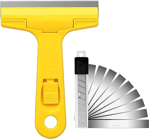 Razor Blade Scraper, 4" Scraper Tool with 10 Extra Replacement Metal Blades, Razor Scraper Remover for Cleaning Paint, Caulk, Adhesive, Label, Decal, Sticker from Window, Glass, Tile, Floor, Stove Top