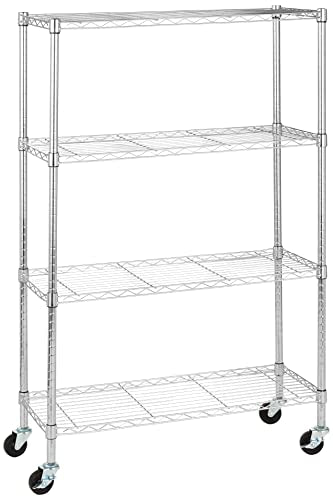 Amazon Basics 4-Shelf Adjustable Heavy Duty Storage Shelving Unit with Wheels, No-Tool Easy Assembly, Garage Shelving, Metal Wire Rack with Casters and Leveling Feet, 36" x 14" x 57.8", Chrome - color: Chrome, size: 36" L x 14" W x 57.75" H, style: 4 -She