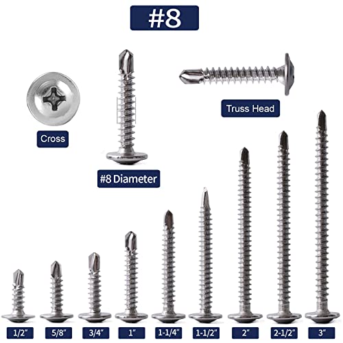#8 x 1/2" Sheet Metal Screws 500PCS 410 Stainless Steel Truss Head Fast Self Tapping Screws by SG TZH - color: Silver, size: #8 x 1/2"