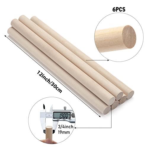 3/4 x 12 Wooden Dowels Wooden Sticks for Crafts, 6 PCS Macrame Wood Dowel Rods, Unfinished Hard Wood Sticks for Crafting, Arts and DIYers, Tiered Cake Support and Wedding Ribbon Wands - size: 3/4"×12"-6PCS