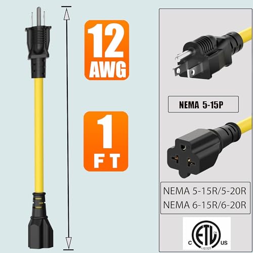 1Ft 15 Amp Household to 20 Amp AC Power Adapter Cable 12AWG Outdoor - size: 1Ft extension cord