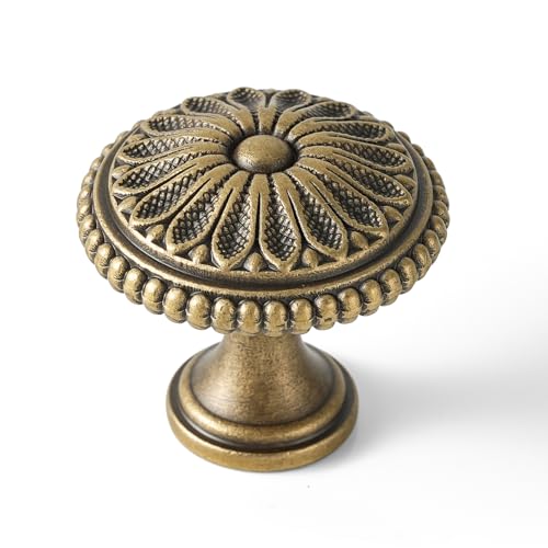 5 Pack | Cabinet Knobs | Solid Brass | 1-5/16 Inch Diameter | Brushed Antique Brass |Classic Cabinet Knobs for Furniture Kitchen ＆ Bathroon Fixture - size: 1-5/16 Inch Knob