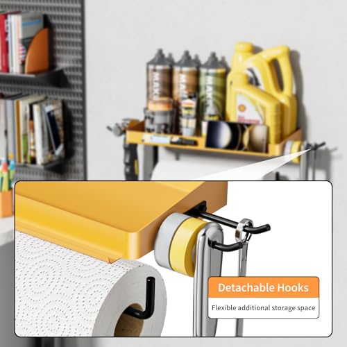 SUNTECH Garage Paper Towel Holder with Shelf & 2 Hooks Wall Mount, Yellow - color: Yellow, size: 12.8-inch