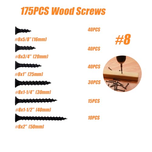 175PCS #8 Drywall Screws, Assorted Wood Screws, Black Wood Screws, Wood Screws Assortment Kit, Flat Head Screws, Screw Assortment, 6 Sizes, (2'', 1-1/2'', 1-1/4'', 1'', 3/4'', 5/8'') - size: #8 175PCS