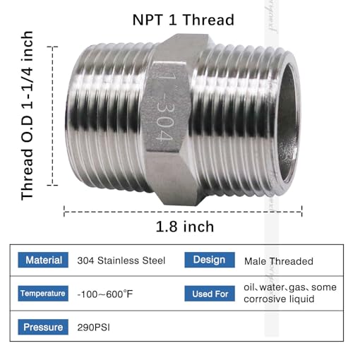 1 Nipple, 1 NPT Nipple, 304 Stainless Steel pipe fittings M/M - size: NPT1