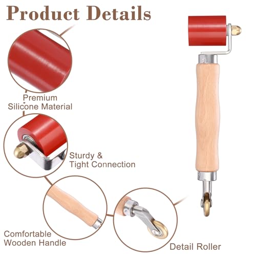 Sumnacon 40mm Silicone Seam Roller with 6mm Brass Detail Penny Roller, Welding Handheld Roller Tool with Wooden Handle, Automobile Sound Deadening Roller for Wallpaper Banner PVC/TPO/EPDM Application - size: 40mm+6mm