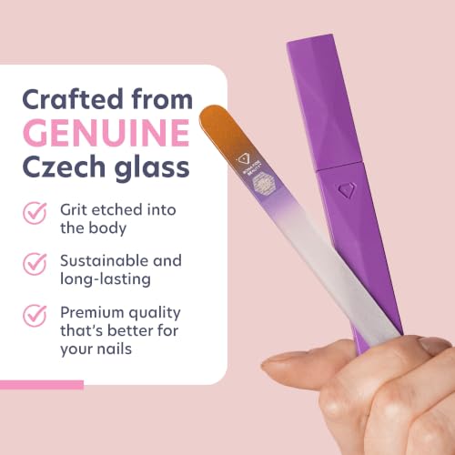 Bona Fide Beauty Czech Glass Nail File with Protective Case (Gold Violet) | Genuine Bohemian Czech glass nail file for natural nails, reusable etched fine grit nail filer, easy to wash, sustainable - color: Gold/Violet