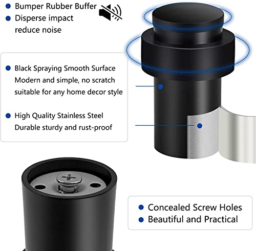 Door Stoppers 2.5 Inch Floor Door Stop Cylindrical Black Doorstop Rubber Bumper Wall Protector, Stainless Steel Heavy Duty Door Stopper for Bottom of Doors, 4 Pack