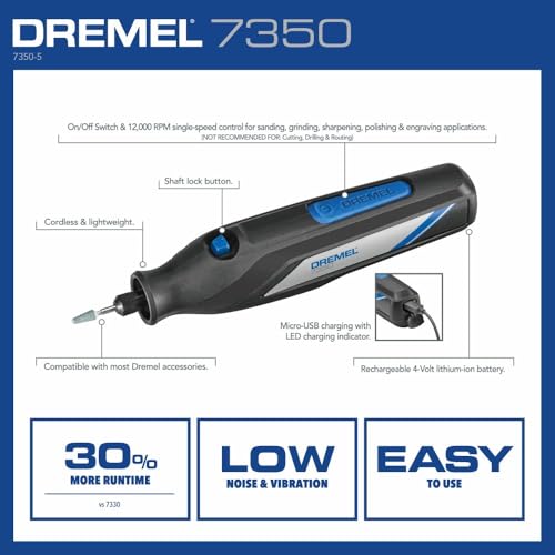 Dremel 7350 4V Cordless Rotary Tool Kit with 5 Accessories and USB-C Rechargeable Battery - Single Speed for Carving, Engraving, Sanding and Cleaning