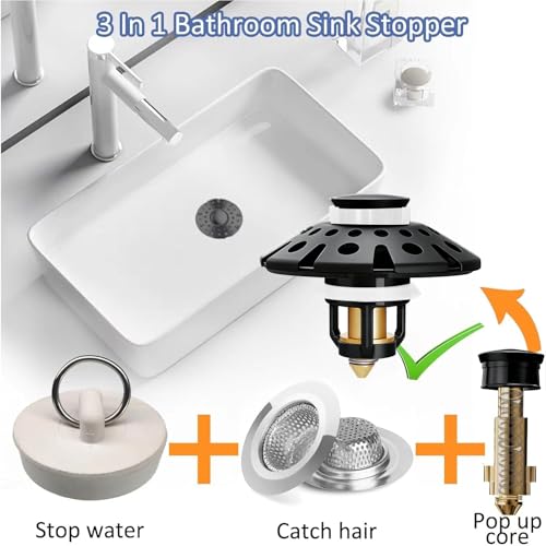 AzWzz Bathroom Sink Drain Strainer, 3 in 1 Pop Up Bathroom Sink Stopper - color: Matte Black