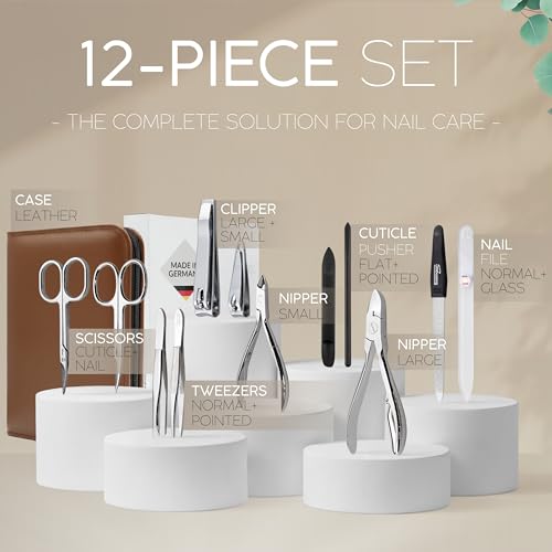 Manicure Set Women and Men – 12-Piece Professional Grooming Kit with Premium Tools, Genuine Leather Case, and exclusive Glass Nail File for Hand & Foot Care, German Quality - color: Brown