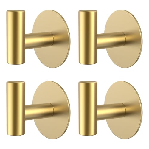 Gold Stainless Steel Wall Hooks, Heavy Duty Self-Adhesive Hooks for Coats, Towels, Robes, Hats, Aprons – No Drill Bathroom, Kitchen, Hotel (4 Pack) - color: Gold, size: Adhesive "T" Shape- 4 Pack