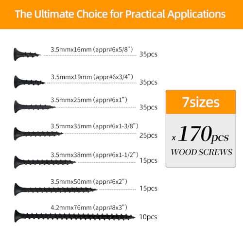 170-Piece Screw Assortment Kit, Multi-Size Phillips Flat Head Black Wood Screws for Home Repair and Furniture Assembly - size: Multi-Size