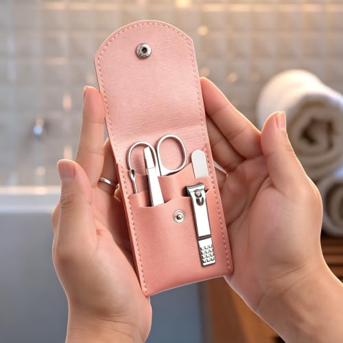 HANTEKAS Travel Manicure Set Professional Nail Clipper Kit-5 Pieces Stainless Steel Manicure Kit, Women Men Grooming kit With Nail Care Tools Beauty Scissors Tweezers (Silver Pink) - color: Pink