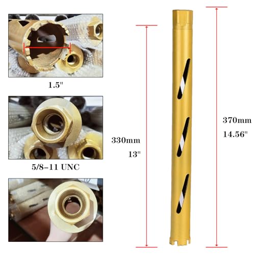 1.5" Dry Core Drill Bits for Cured Concrete with Rebar Brick Block Masonry etc 13in/330mm Drilling Depth，10mm Diamond Segment Height，2 Adapters - size: 1.5 inches