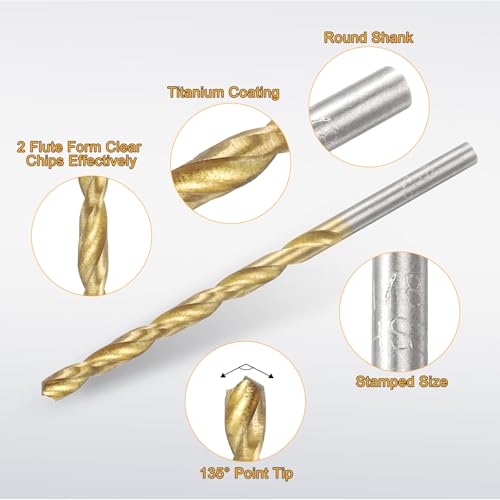 uxcell 12pcs Titanium Twist Drill Bit 1/8" Drilling Dia High Speed Steel Drills for Hardened Metal, Stainless Steel, Cast Iron, Wood, Plastic - size: 1/8 inch