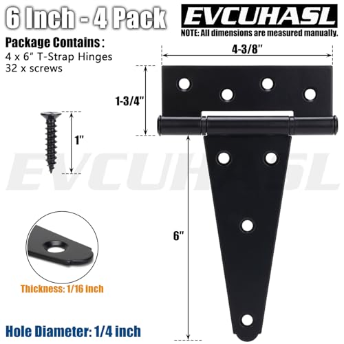 6 Inch T-Strap Gate Hinges, Shed Barn Door Hinges Heavy Duty, Black Tee Hinges for Wooden Fences, Yard Gate, Wrought Hardware Iron Rustproof (4 Pack/Set) - size: 6 Inch