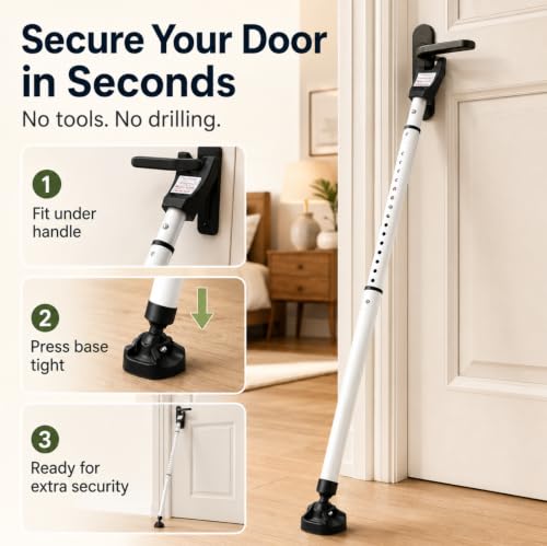 Door Security Bar, 18"-46" Adjustable Door Jammer with Large Anti-Slip Rotating Base, 1.3" Heavy Duty Steel Door Brace for Hinged Doors, Sliding Glass Patio Doors, Home, Apartment & Hotel