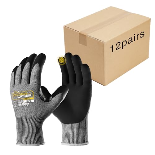 COOLJOB ANSI A7 Cut Resistant Gloves - 1/3/12 Pairs, Nitrile Rubber Dipped Safety Work Gloves with Reinforced Thumb, Non Slip, Breathable, Touchscreen, for Fishing, Gardening, Grey Large - size: Large, style: A7 Pack of 12